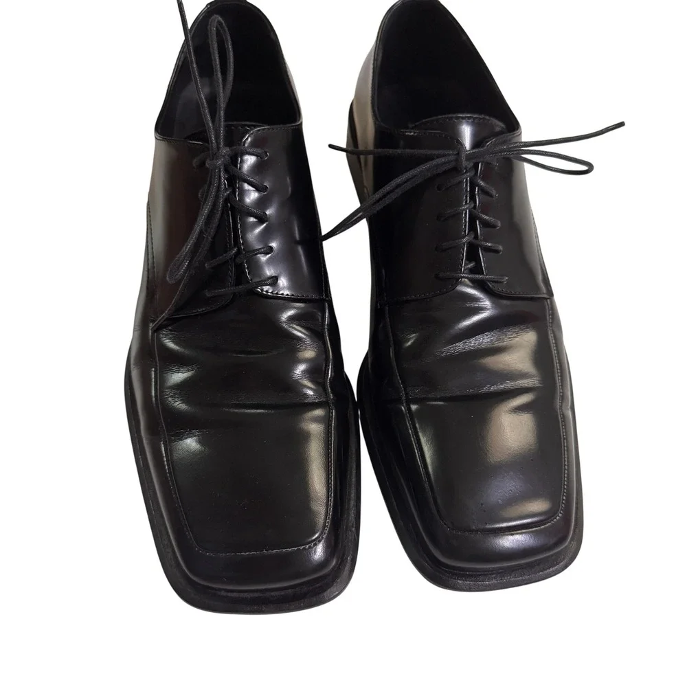 Via Spiga Dress Shoes 10.5 Black Square Toe Leather Lace Up Made in Italy 86